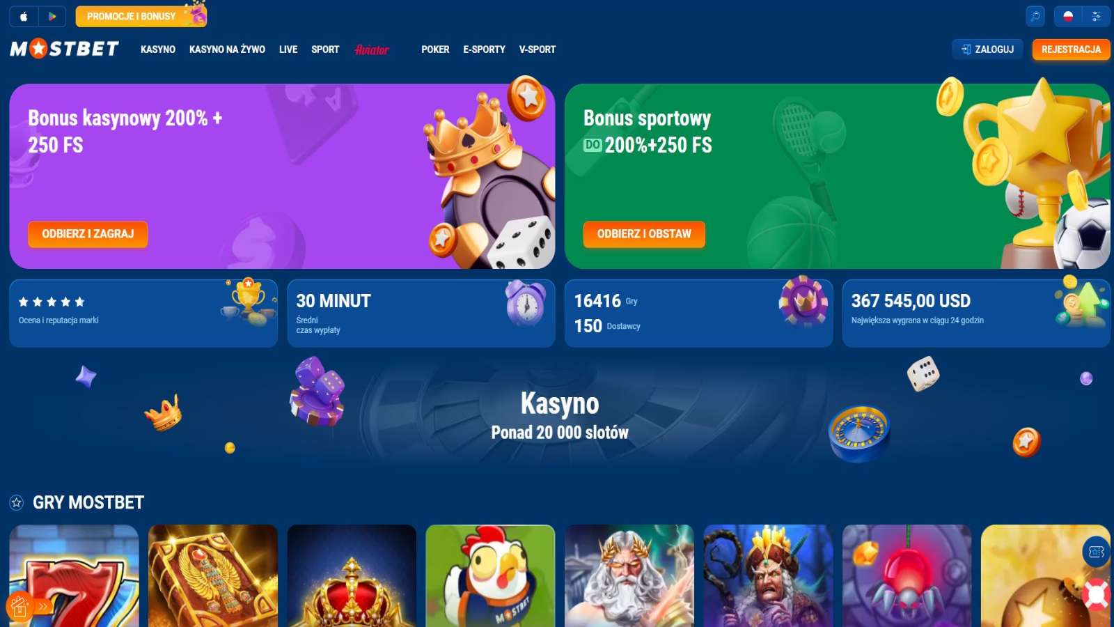 Mostbet Polska – strona główna kasyna z bonusami 200% + 250 FS i ponad 20 000 slotów