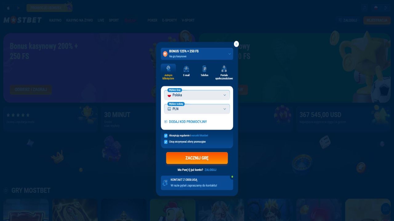 Mostbet rejestracja – formularz zakładania konta z wyborem kraju Polska, waluty PLN i polem na kod promocyjny
